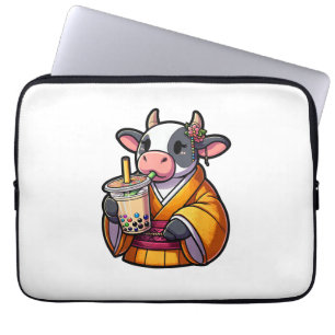 Cow Drinking Bubble Tea Japanese Kimono Laptop Sleeve