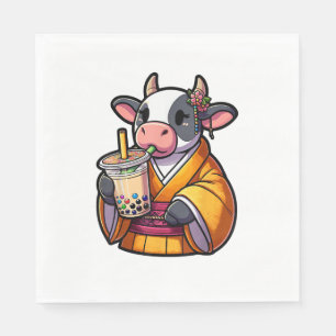 Cow Drinking Bubble Tea Japanese Kimono Napkin