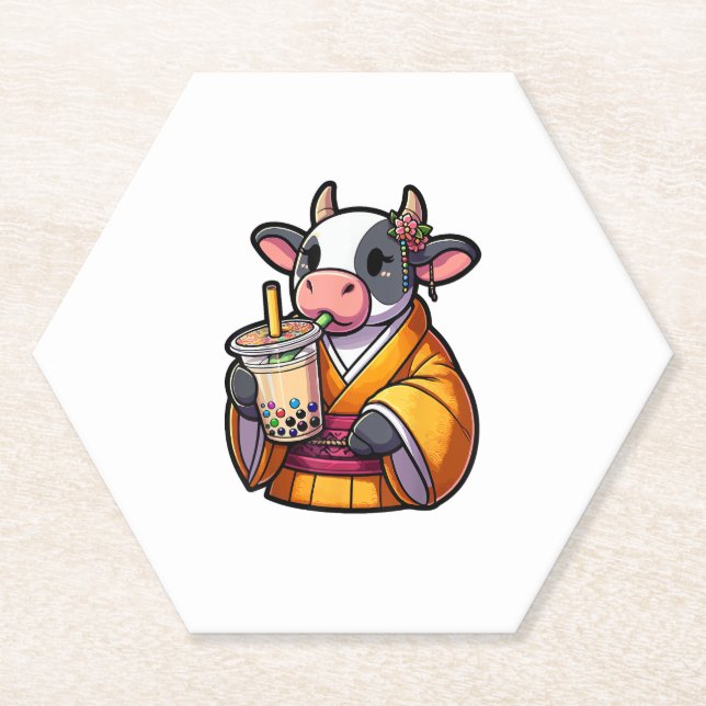 Cow Drinking Bubble Tea Japanese Kimono  Paper Coaster (Front)