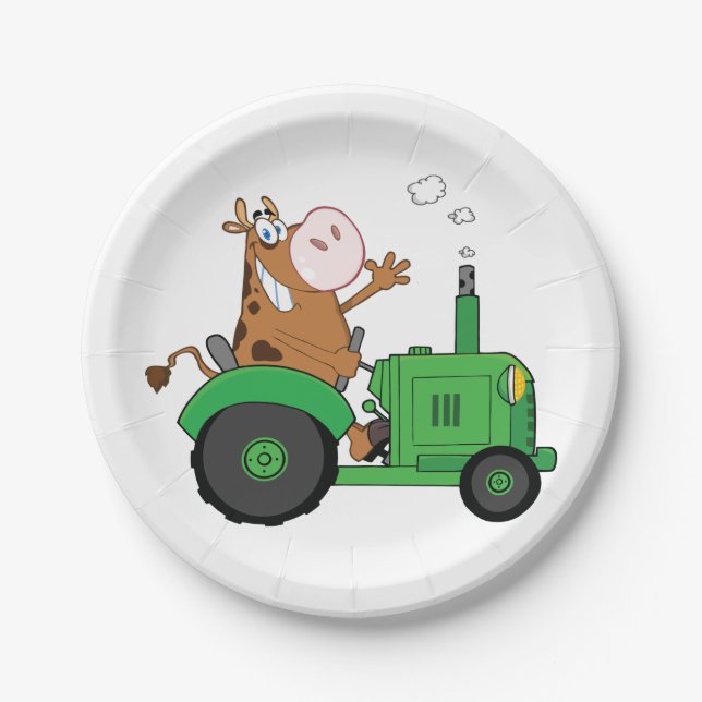 Cow Driving A Tractor Paper Plate (Front)