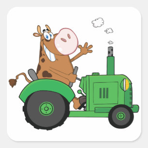 Cow Driving A Tractor Square Sticker