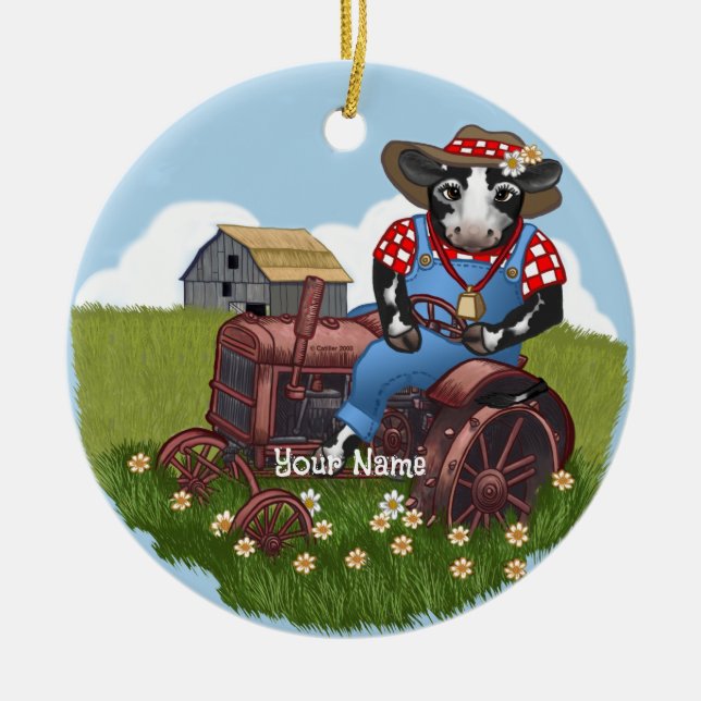 Cow Driving Tractor Ceramic Ornament (Front)