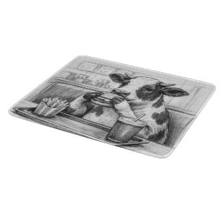 Cow Eating a Hamburger Sketch Glass Cutting Board