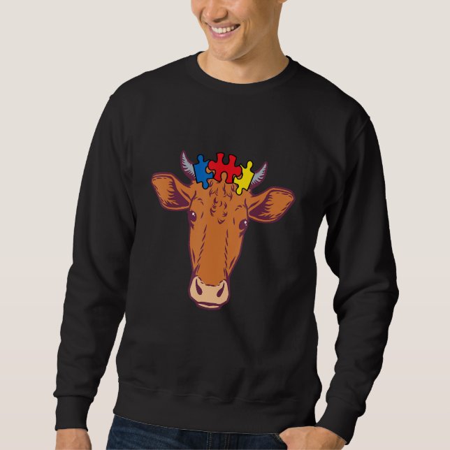 Cow Face Puzzle Piece Autism Awareness Farm Animal Sweatshirt (Front)