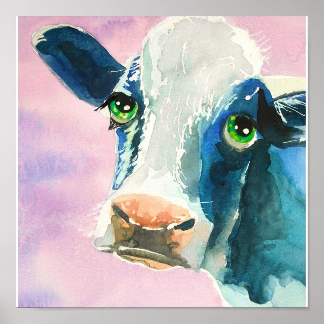 Cow face with green eyes watercolor painting poster (Front)