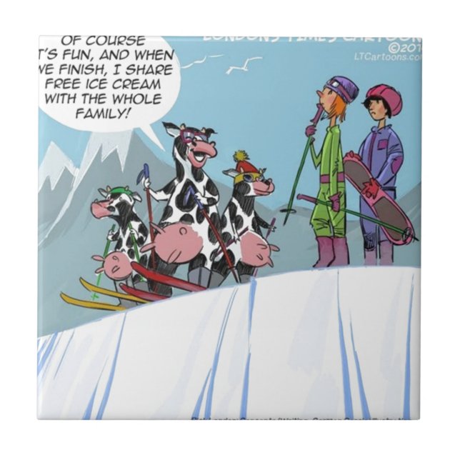 Cow Family Snow Skiing Funny Tile (Front)