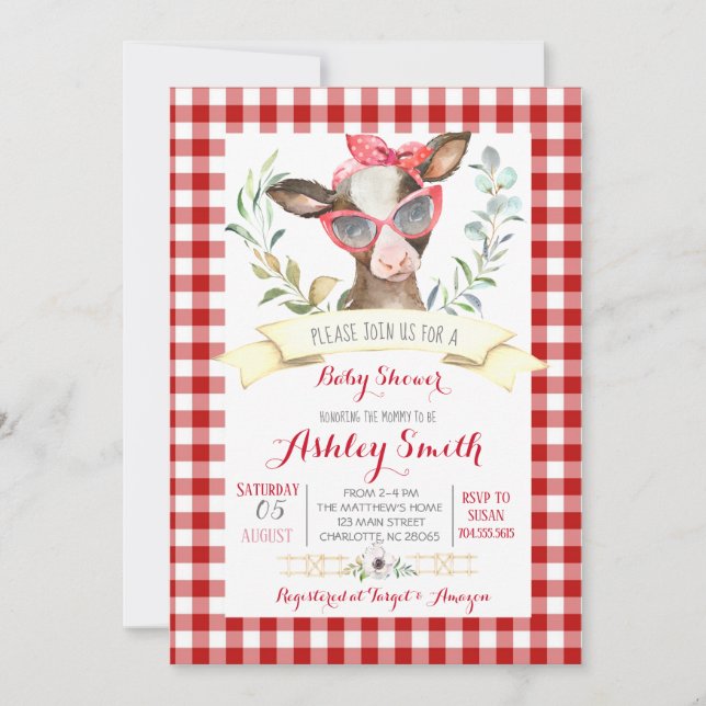 cow farm baby shower invitation re girl (Front)