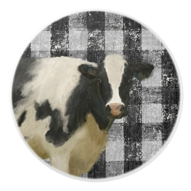 Cow Farmhouse Rustic Black n White Gingham Check Ceramic Knob (Front)