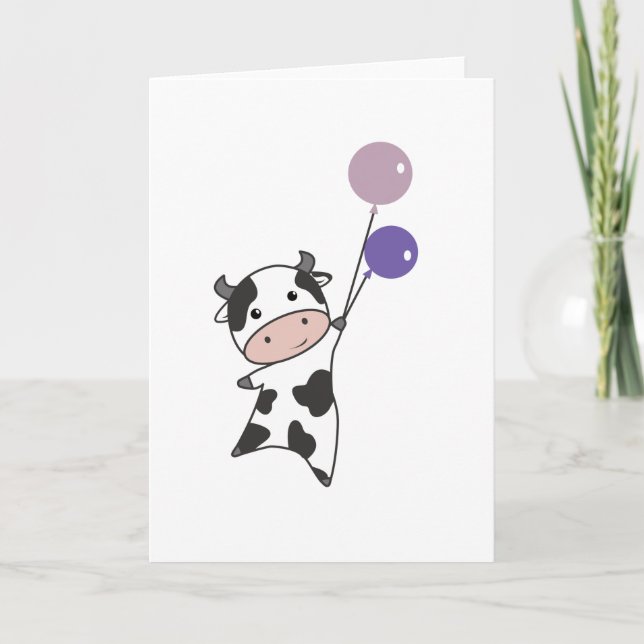 Cow Flies Up With Balloons Cute Animals Card (Front)