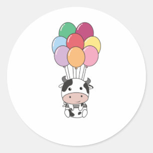 Cow Flies Up With Colourful Balloons Classic Round Sticker