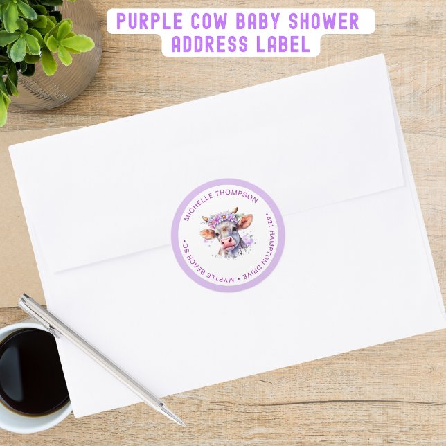  Cow Floral Purple Baby Shower Address Classic Round Sticker (Creator Uploaded)