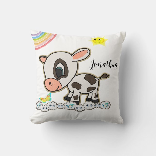 Cow Floral Rainbow Clouds Throw Pillow  (Front)