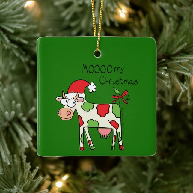 Cow Funny Cartoon Christmas Holiday Ceramic Ornament (Tree)