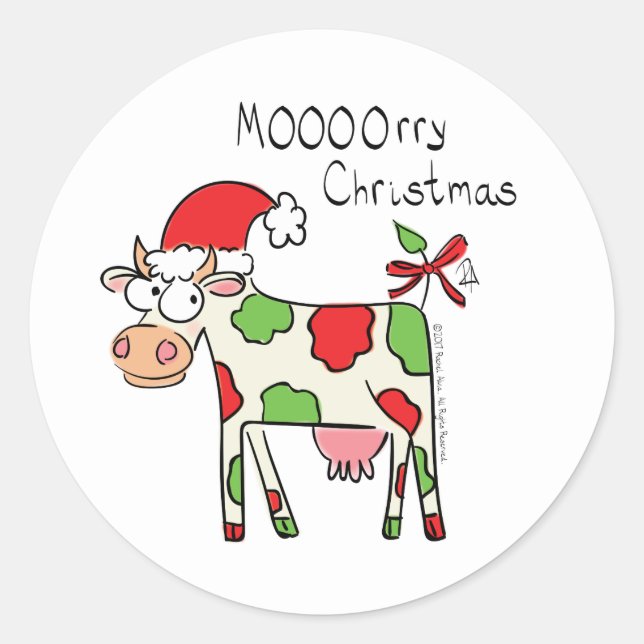 Cow Funny Cartoon Christmas Holiday Classic Round Sticker (Front)