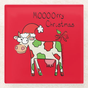 Cow Funny Cartoon Christmas Holiday Glass Coaster