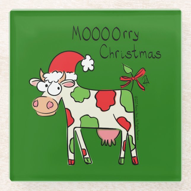 Cow Funny Cartoon Christmas Holiday Glass Coaster (Front)