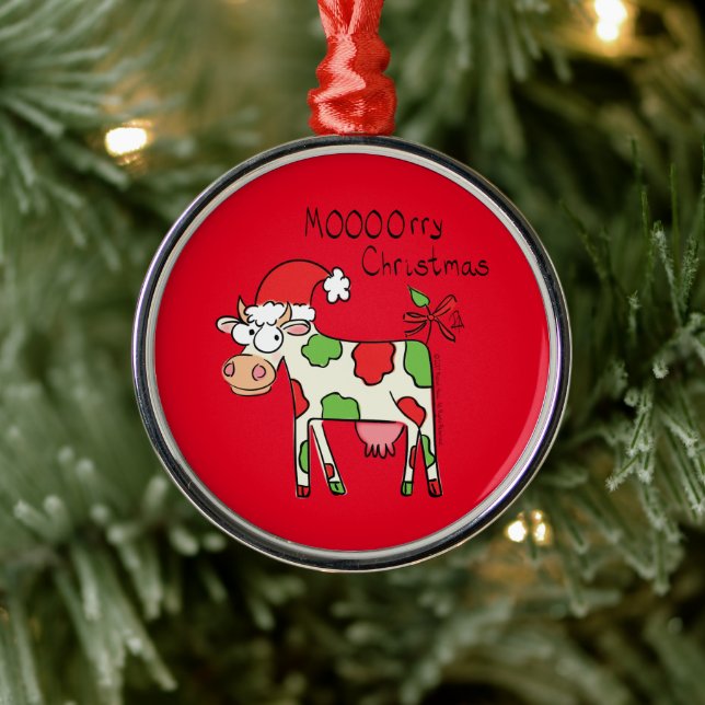 Cow Funny Cartoon Christmas Holiday Metal Ornament (Tree)