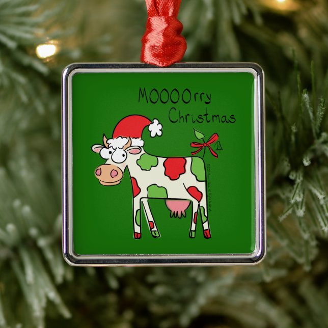 Cow Funny Cartoon Christmas Holiday Metal Ornament (Tree)