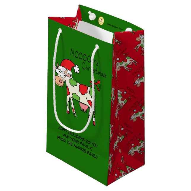 Cow Funny Cartoon Christmas Holiday Small Gift Bag (Front Angled)
