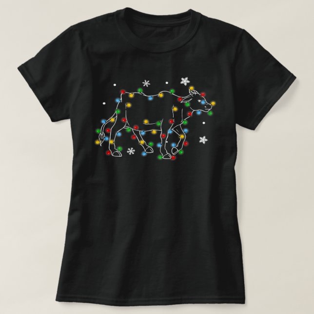 Cow Funny Cattle Christmas Lights Tree Xmas Snow L T-Shirt (Design Front)