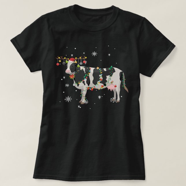 cow Funny Cow Reindeer Christmas Lights Pajama fun T-Shirt (Design Front)