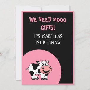 Cow Funny Farm Animal Theme Girl 1st Birthday Invi Invitation