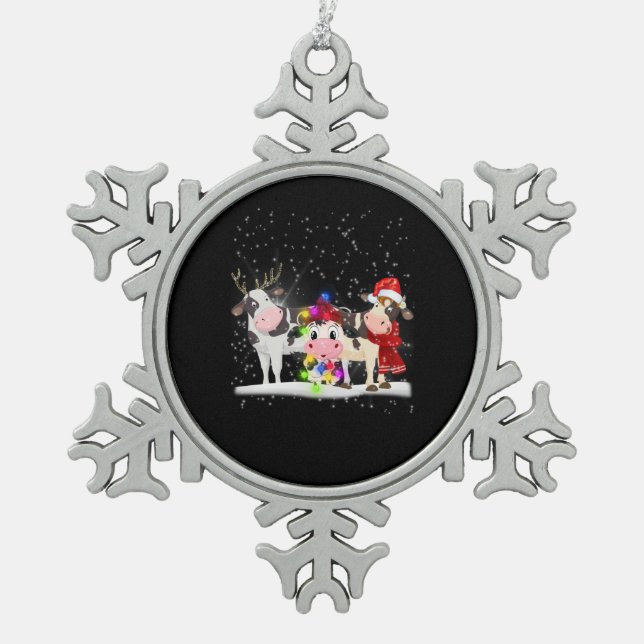 Cow Gift | Funny Christmas Cow Family Snow Snowflake Pewter Christmas Ornament (Front)