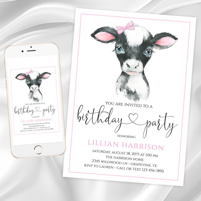 Cow Girl Farm Birthday Party Invitations (Girl cow birthday party invitations with adorable calf. Digital files and printed are available.)