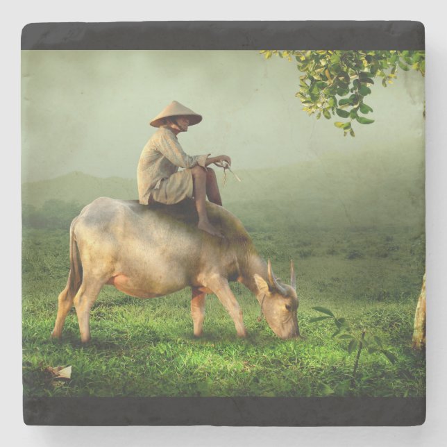 Cow Grazing with Farmer in a Scenic Pasture Stone Coaster (Front)