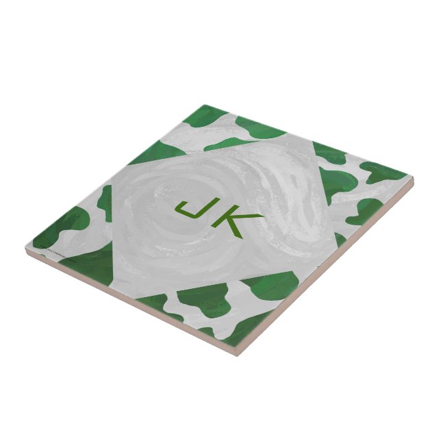 Cow Green and White Monogram Ceramic Tile (Side)