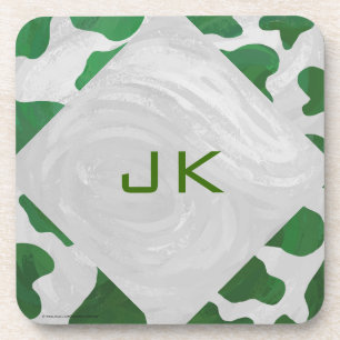 Cow Green and White Monogram Coaster