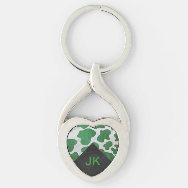 Cow Green and White Monogram Key Ring (Front)