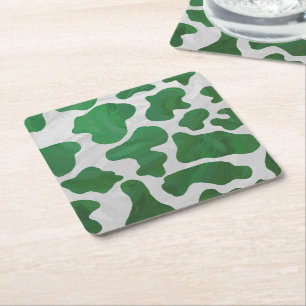 Cow Green and White Print Square Paper Coaster