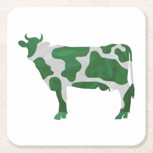 Cow Green and White Silhouette Square Paper Coaster
