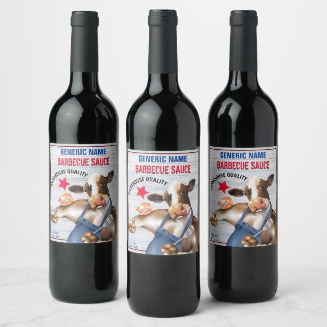 Cow Grilling Shrimp Homemade Barbecue Sauce Wine Label (Bottles)