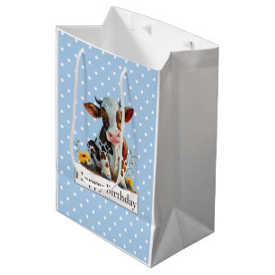 Cow Happy Birthday Cute Blue Medium Gift Bag