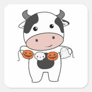 Cow Happy Halloween Pumpkin Bat Costume Square Sti Sticker