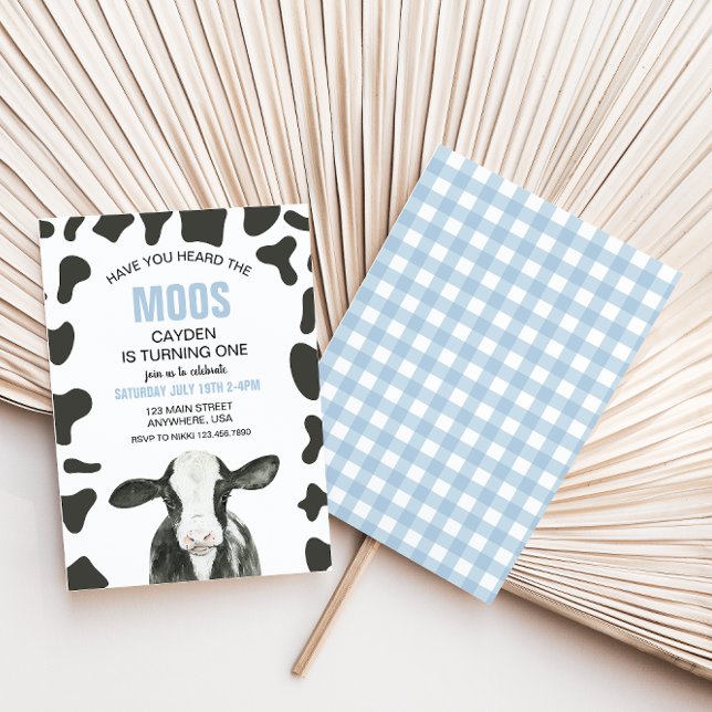 Cow Have you Heard Moos blue Plaid Birthday Invitation (Creator Uploaded)