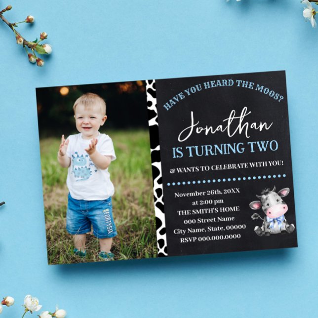 Cow Have You Heard the Moos Blue Birthday Invitation (Creator Uploaded)