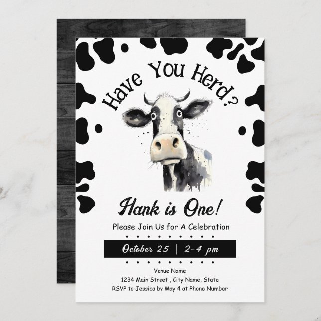  Cow Have You Herd 1st Birthday Watercolor Invitation (Front/Back)