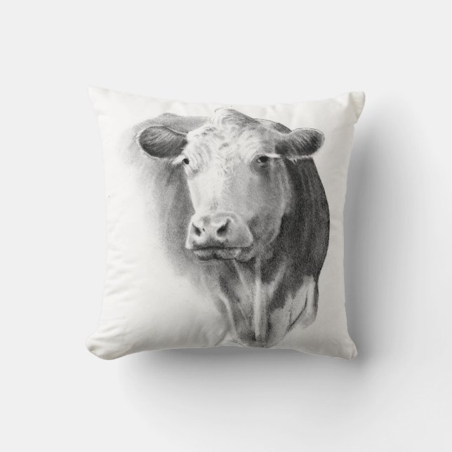 Cow Head in Pencil: Realism Art: Farm, Country Cushion (Front)