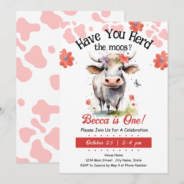 Cow Herd moos 1st Birthday Girl Invitation (Front/Back)