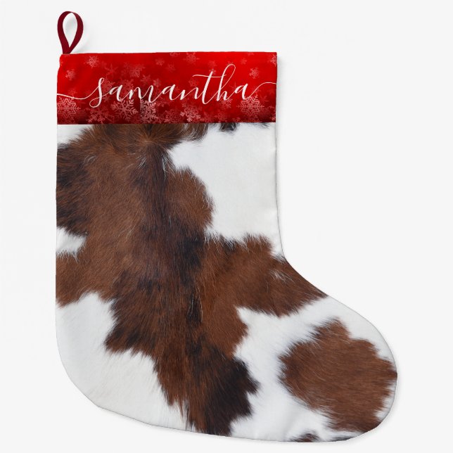 Cow hide brown white Christmas Stocking (Front)
