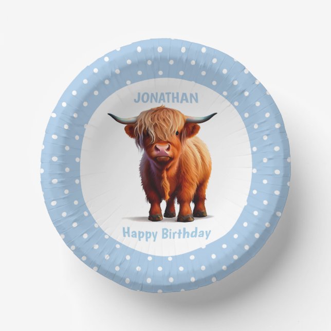 Cow Highland Blue Birthday Paper Plate (Front)