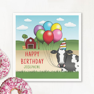 Cow Holding Colourful Balloons Kid's Birthday Napkin