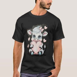 Cow Holding Heart Black & White Pink Coquette Bow T-Shirt