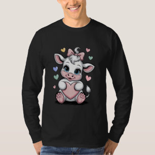 Cow Holding Heart Black & White Pink Coquette Bow T-Shirt