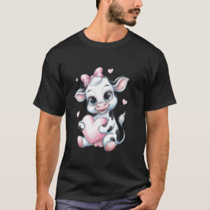 Cow Holding Heart Pink Coquette Bow Black & White T-Shirt