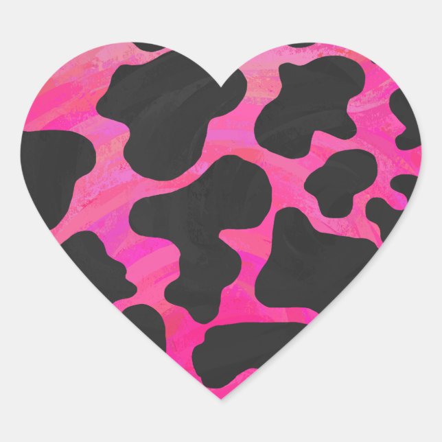 Cow Hot Pink and Black Print Heart Sticker (Front)