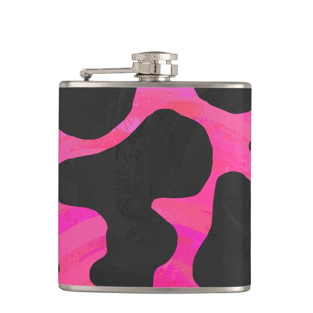 Cow Hot Pink and Black Print Hip Flask (Front)